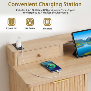 59" Modern Fluted L-Shaped Desk with Charging Station & Storage