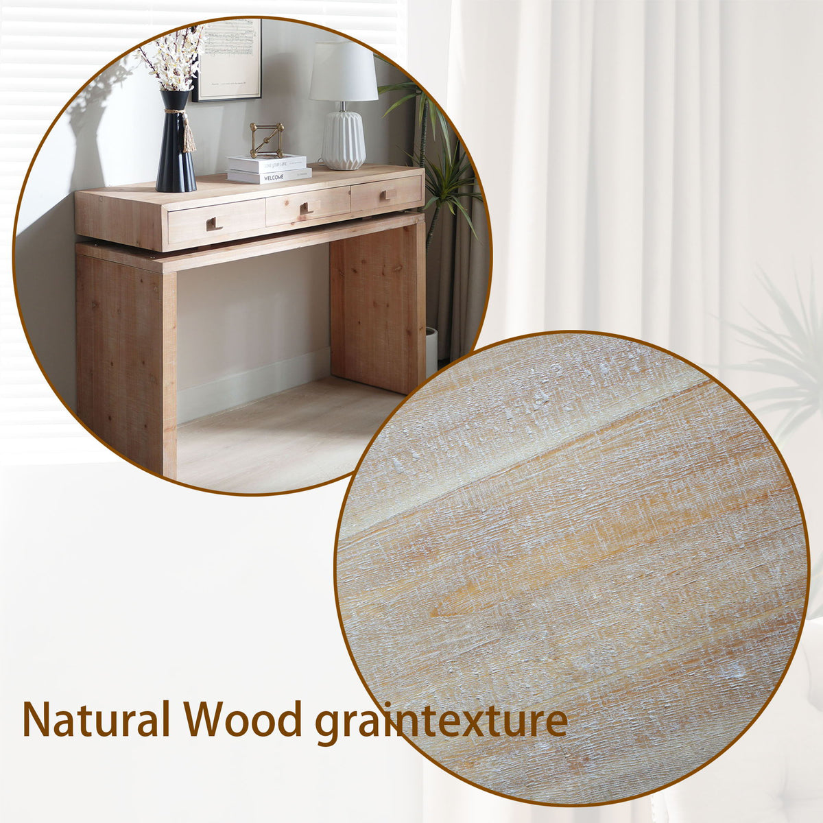 Rustic Wood Console Table with Three Drawers - Natural Finish