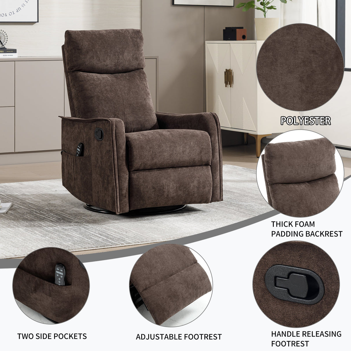 Heat Massage Manual Recliner Chair with Rocker and Swivel in Fabric