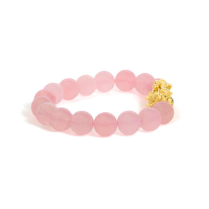 18K Yellow Gold Dragon Charm Natural Rose Quartz Beaded Charm Bracelet