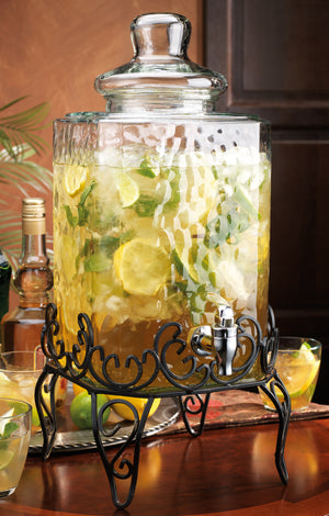 Hammered Glass Beverage Dispenser With Custom Chalkboard Label On Stand