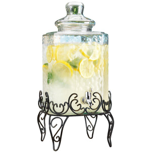 Hammered Glass Beverage Dispenser With Custom Chalkboard Label On Stand