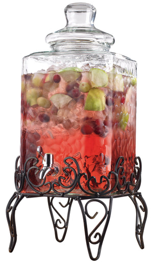 Hammered Glass Beverage Dispenser With Custom Chalkboard Label On Stand