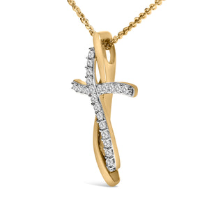 14K Yellow Gold Plated Sterling Silver 1/4 Cttw Diamond Cross Pendant Necklace