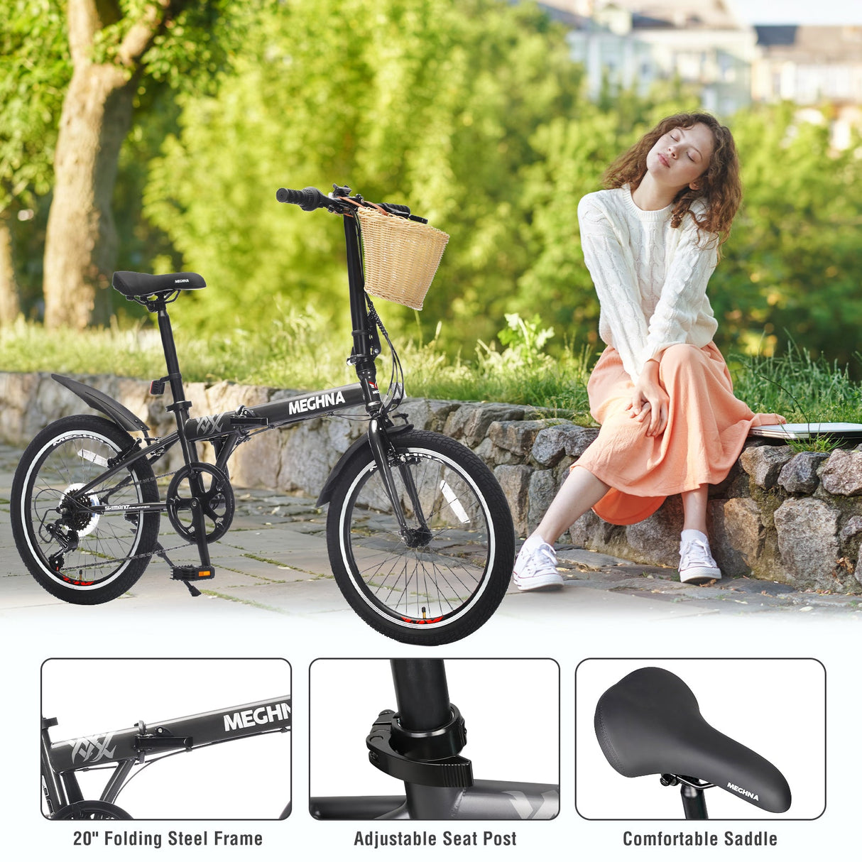 20 Inch Folding Bike for Adults with Basket and Phone Holder