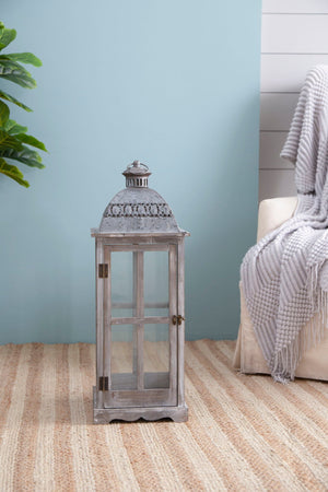 Wooden Candle Lantern Decorative, Hurricane Lantern Holder Decor For Indoor Outdoor, Home Garden Wedding - Gray