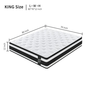 12 Inch King Size Hybrid Mattress with 7-Zoned Memory Foam and Pocket Springs