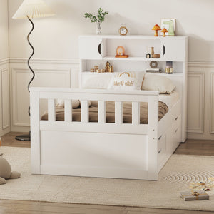 Captain Platform Bed Frame With Storage Bookcases, Shelves, And 4 Drawers
