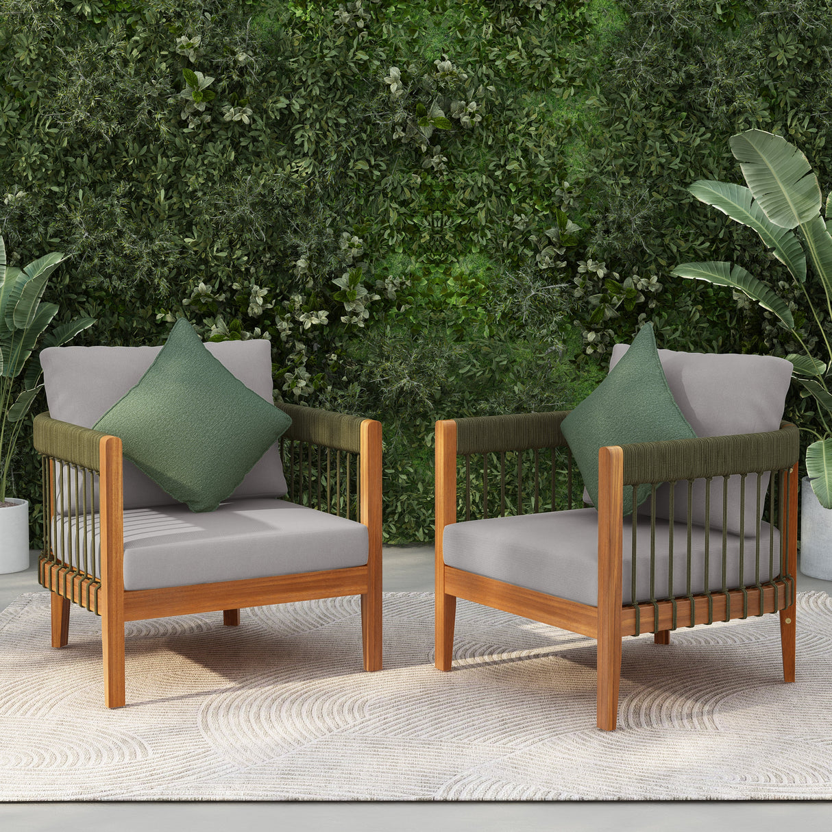[Set of 2] Acacia Wood Outdoor Club Chair with Rope Accents
