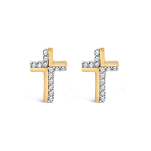 14K Yellow Gold Plated .925 Sterling Silver 1/10 Cttw Diamond Cross Stud Earring (I-J Color, I3 Clarity)