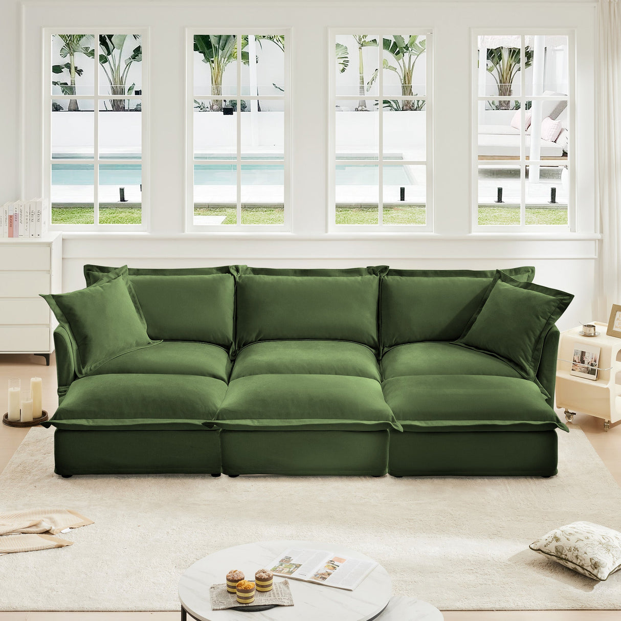 Chenille 3-Seat Slipcovered Sofa with Ottomans