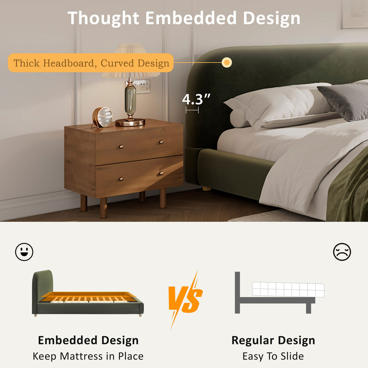 King Size Platform Bed with Velvet Fabric and Curved Headboard