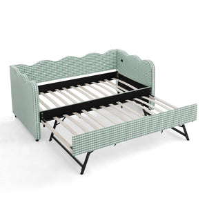 Cozy Gingham Daybed with Trundle Twin Size Sofa Bed No Box Spring Needed, with USB Port and Adorable Wave Shaped, Linen Fabric