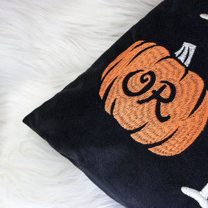 Black Velvet Halloween Lumbar Pillow with Embroidered Trick or Treat – Includes Insert