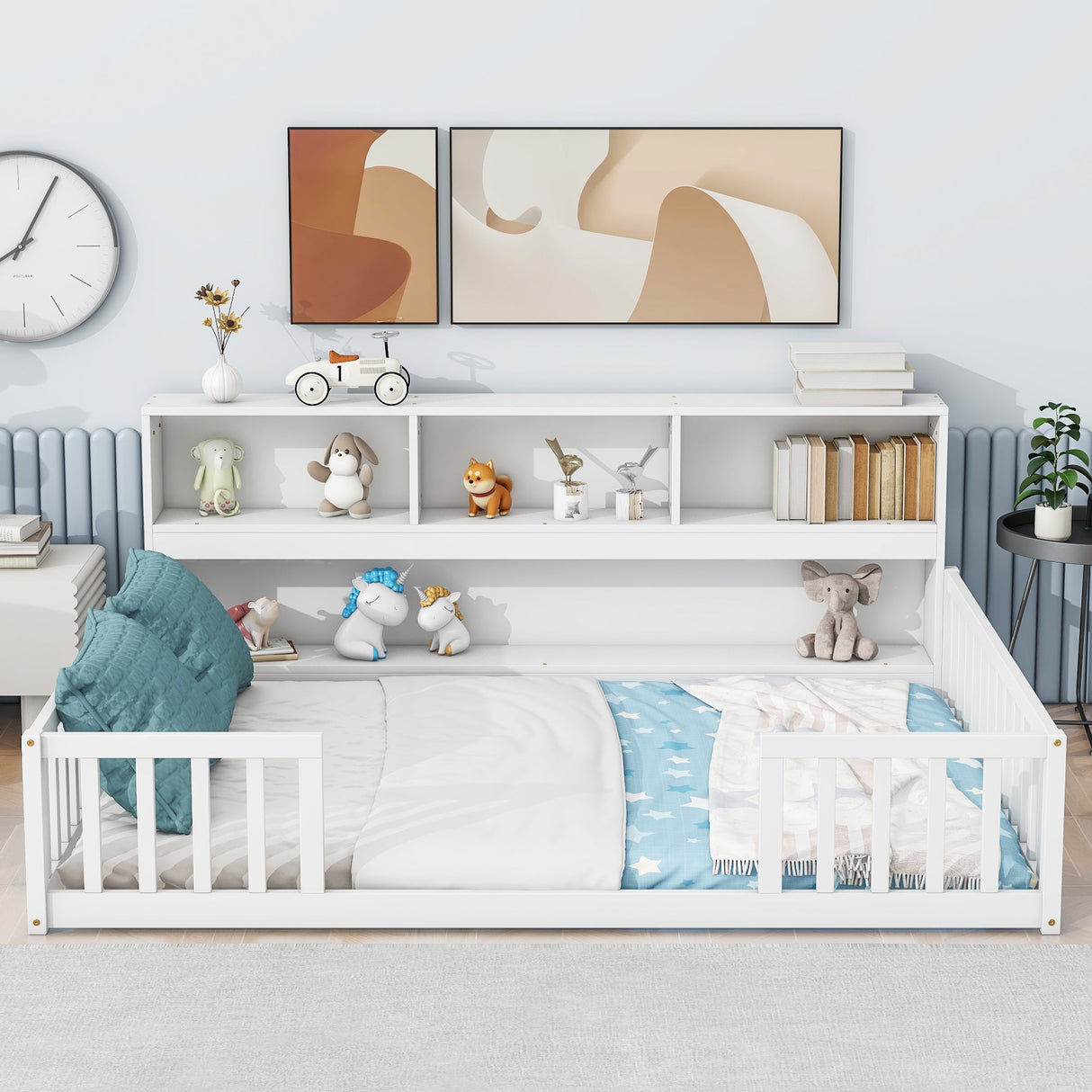 Full Floor Bed with Side Bookcase, Shelves, Guardrails