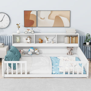 Full Floor Bed with Side Bookcase, Shelves, Guardrails