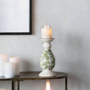 White Ceramic Candle Holder with Green Floral Patterns - 10" Height