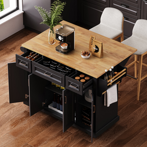 K&K 54 Inch Large Kitchen Island with Rubber Wood Drop Leaf