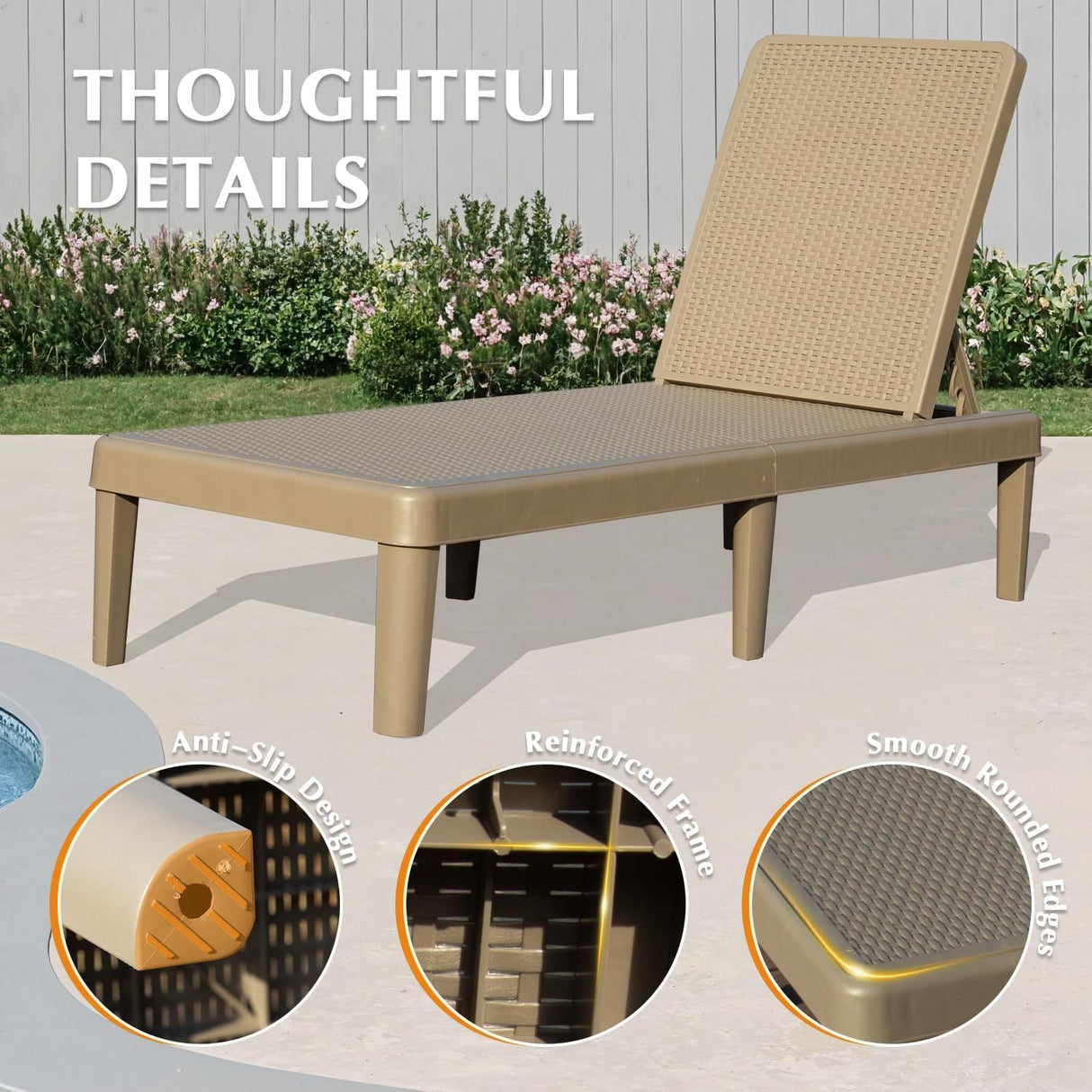 Pool Lounge Chairs Set of 2, Outdoor Lounge Chairs with 6 Positions Backrest Adjustable, Resin Waterproof Chaise Lounge Outdoor for Poolside Patio Garden Deck