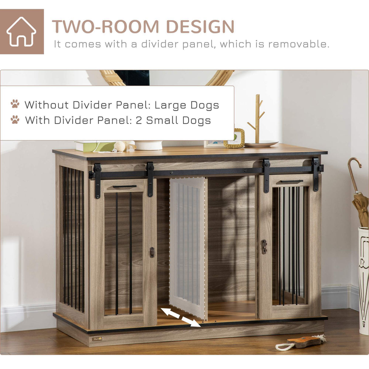 Dog Crate End Table for Small to Large Dogs, with Double Doors  and divider, 47"W x 23.5"D x 35"H, Oak