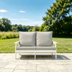 HIPS Loveseat with Cushion, Wood Grain Outdoor Garden Sofa