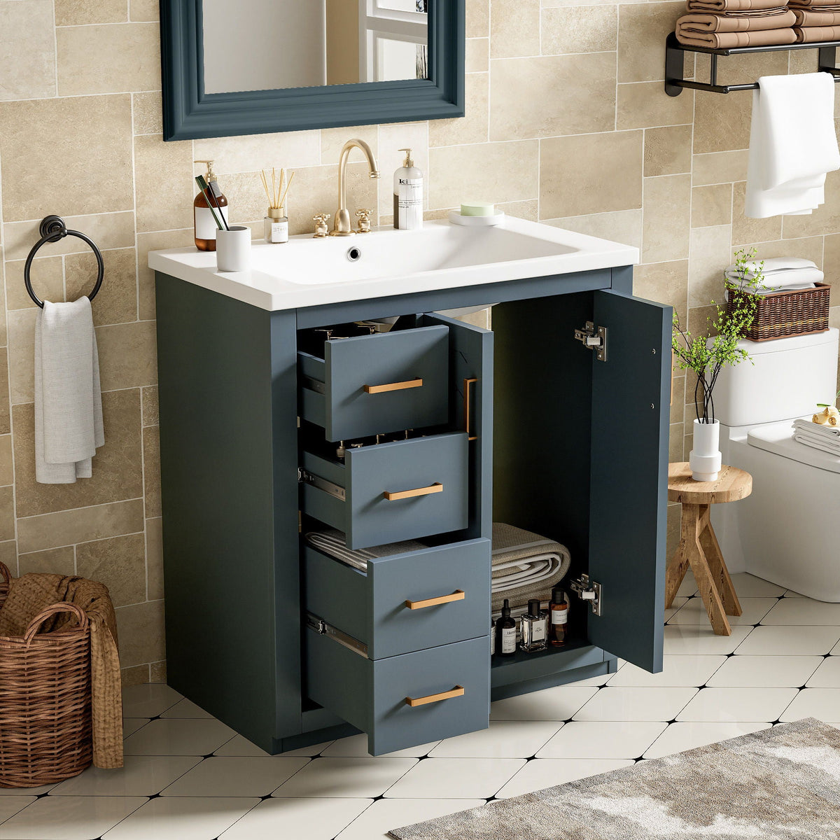 Ceramic Sink Combo, Freestanding Vanity Set With 3 Drawers & Soft Closing Doors