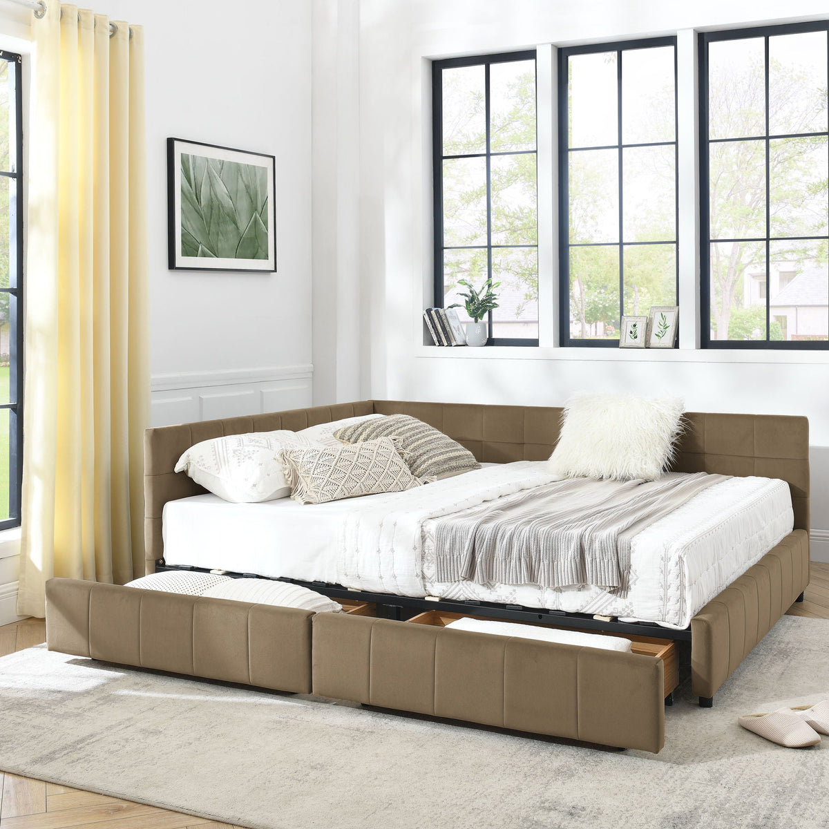 Mid-Century Storage Upholstered Tufted Bed Frame With Backrest And Armrests