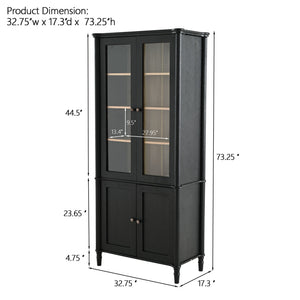 Vintage Display Cabinet With Double Glass Doors, Traditional Style For Collectibles, Ash Wood Veneer, 73.25" Tall - Black / Natural