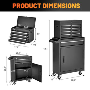 Tool Chest, 5 Drawer Rolling Tool Storage Cabinet With Detachable Top Tool Box, Liner, Universal Lockable Wheels, Adjustable Shelf, Locking Mechanism, Metal Tool Cart For Garage Workshop
