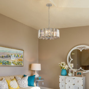 17' Chrome Crystal Pendant Chandelier, Modern Hanging Light Fixture with Adjustable Height, 4-Light E26 Base for Living Room, Dining Room, or Kitchen (No Bulbs)