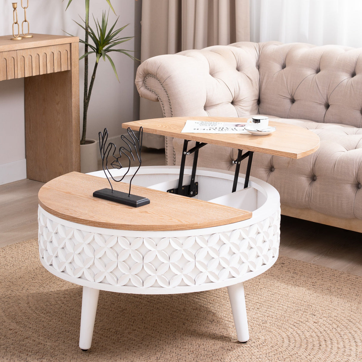 Round Coffee Table with Lift-Top Storage