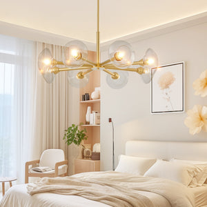 36' Modern Gold 8-Light Sputnik Chandelier with Clear Glass Shades, Mid-Century Hanging Pendant Light Fixture for Dining Room, Living Room, or Kitchen (Bulb Not Included)
