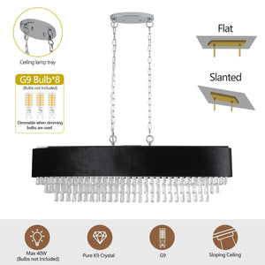39' Modern Crystal Chandelier with Black Imitation Velvet Anti-Glare Shade, Adjustable Height, 8-Light G9 Base for Dining Room, Living Room, or Bedroom (Bulb Not Included)