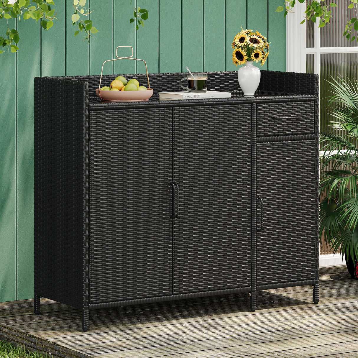 K&K 47.5"W Wicker Outdoor Storage Cabinet with Tempered Glass Desktop