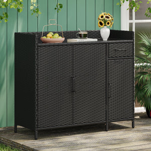 K&K 47.5"W Wicker Outdoor Storage Cabinet with Tempered Glass Desktop