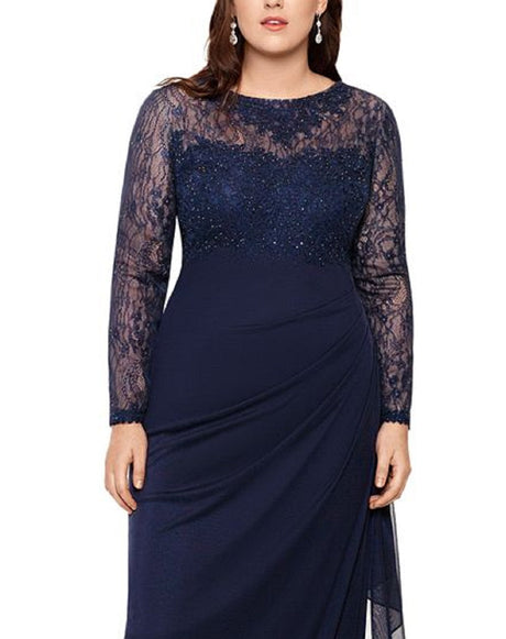 XSCAPE Women's Embroidered & Beaded Long Sleeve Gown Blue Size 22W