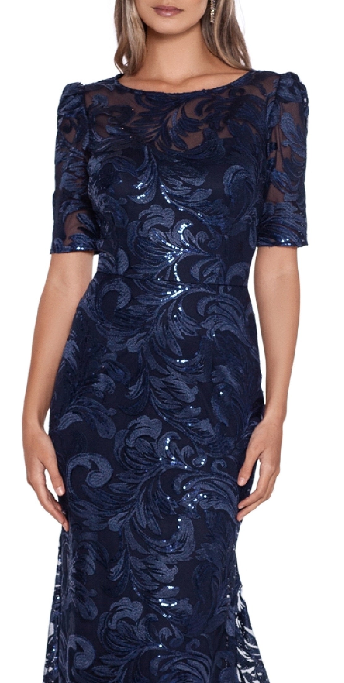 XSCAPE Women's Embroidered Sequin Short Sleeve Gown Blue Size 14