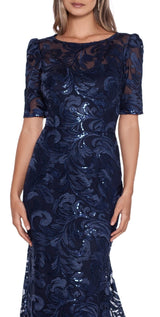 XSCAPE Women's Embroidered Sequin Short Sleeve Gown Blue Size 14