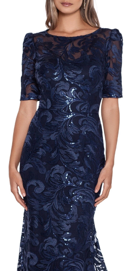 XSCAPE Women's Embroidered Sequin Short Sleeve Gown Blue Size 14