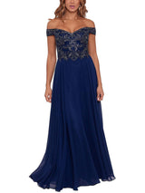 Xscape Women's Navy Off the Shoulder Gown Size 16