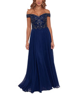 Xscape Women's Navy Off the Shoulder Gown Size 16