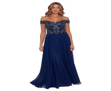 Xscape Women's Navy Off the Shoulder Gown Size 16