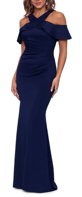 XSCAPE Women's Cross Front Off The Shoulder Gown Blue Size 12