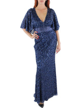 Mac Duggal Womens Beaded Capelet Evening Dress Navy Size 10