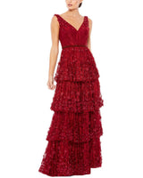 Mac Duggal Tiered Column Gown with Floral Appliqué, Burgundy - Size 12
