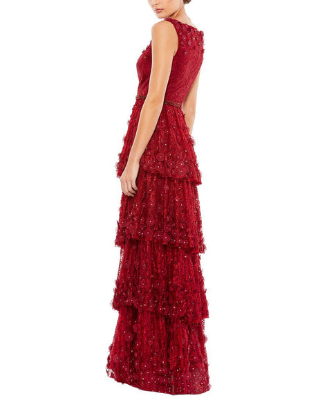 Mac Duggal Tiered Column Gown with Floral Appliqué, Burgundy - Size 12