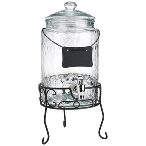 Hammered Glass Beverage Dispenser With Custom Chalkboard Label On Stand