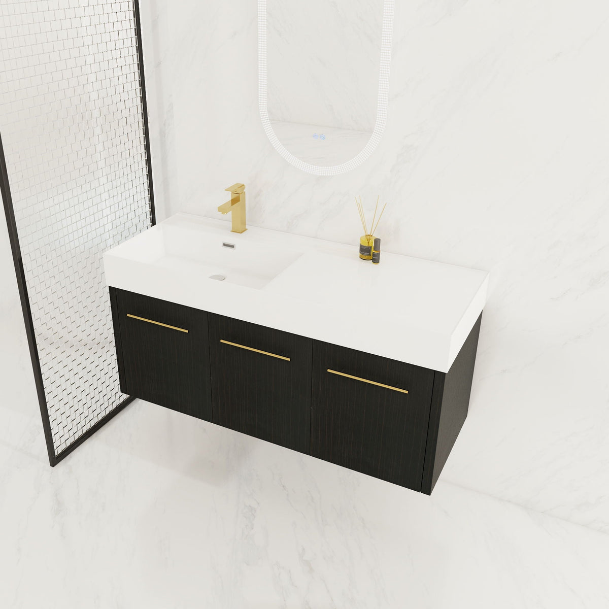 Contemporary 48" Wall Mounted Bathroom Vanity With Resin Sink And Soft Closing Doors And Line - Black Chestnut