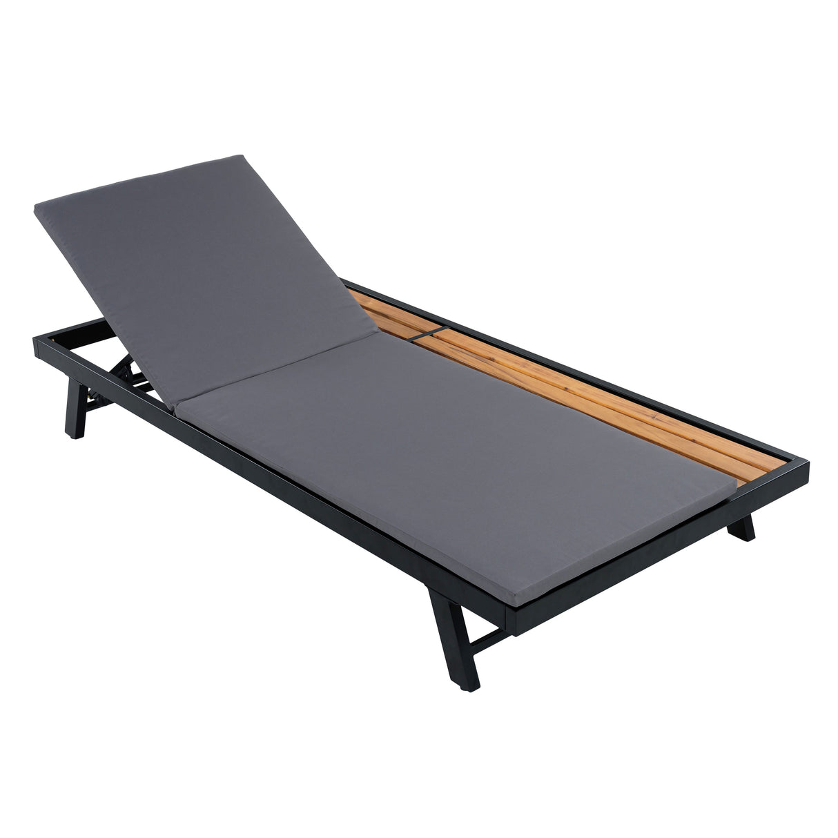 Black Iron + Teak Finish Outdoor Chaise Lounge Set