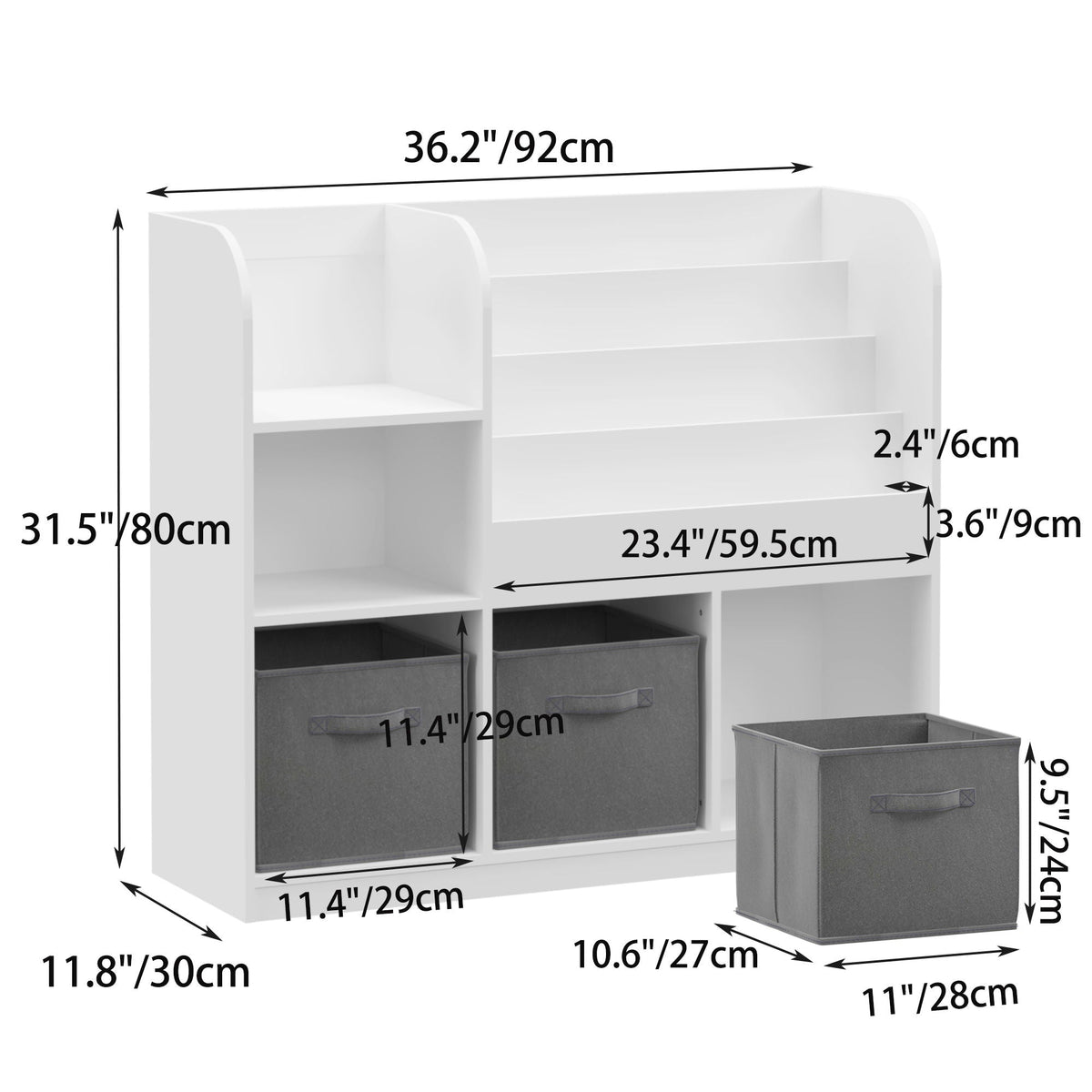 Bookcase and Bookshelf with 3 Collapsible Drawers - Pink or Dark Gray
